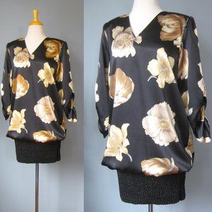 Blouson Dress / Vtg 80s /Sciasia Black and Gold Satin Dress with stretchy tight